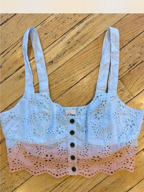Black Poppy Light Blue and Pink Eyelet Button-Front Crop Top